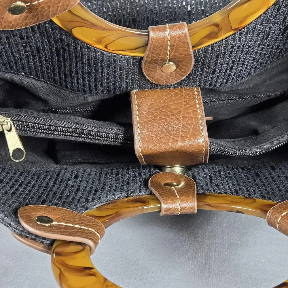 Relic‎ by Fossil Ring Handle Tote Black Woven Bag Brown Trim Tortoise Acrylic